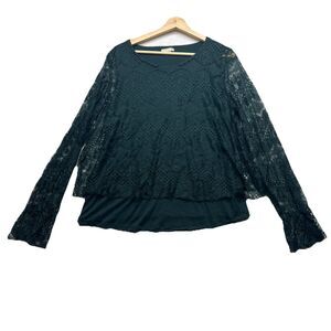 Pointelle Womens Blouse Top  Romantic XLarge XL Forest Green Long Lace Sleeves